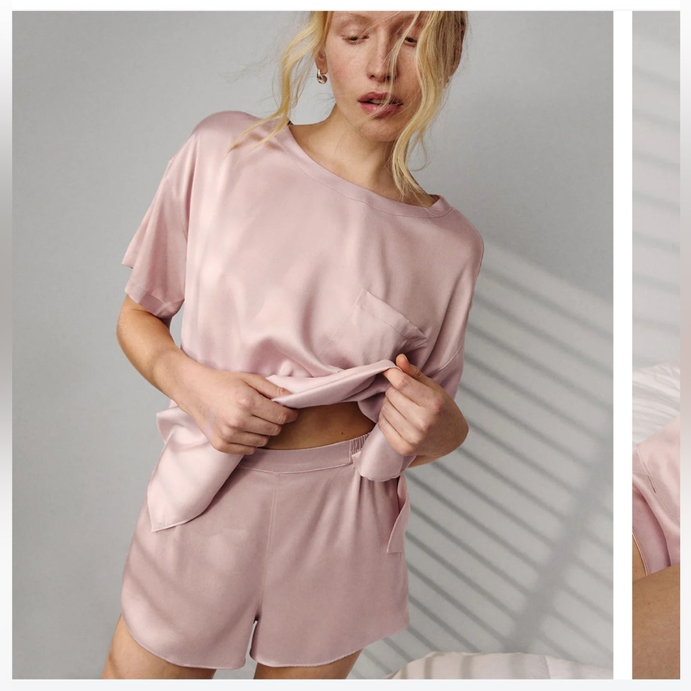 Lunya Pink Silk Pajama Top in Blush Pink
